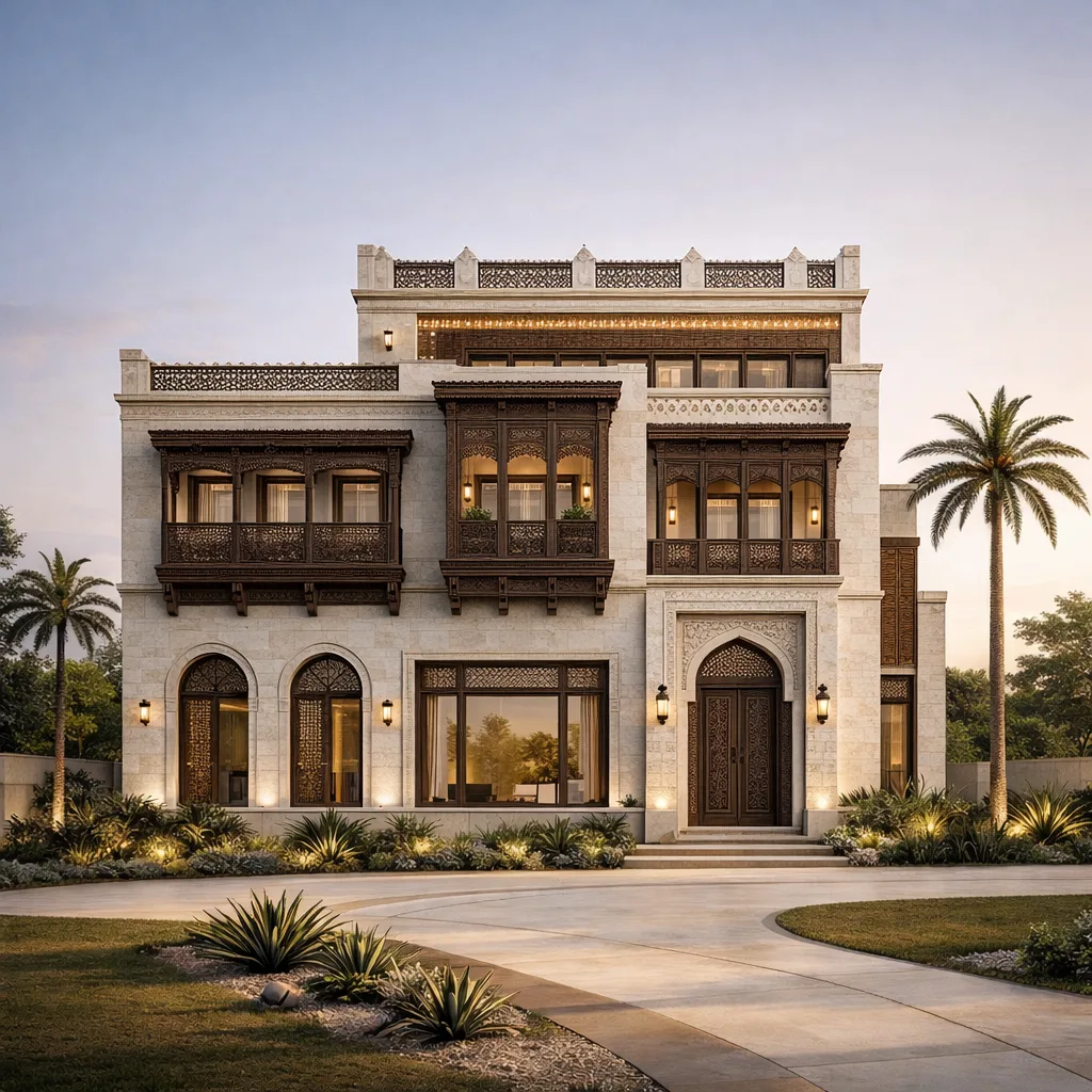 Contemporary Mashrabiya Villa with Layered Islamic Tectonics ΓÇö exterior architectural image showing contemporary neo-islamic, exterior, arched openings.