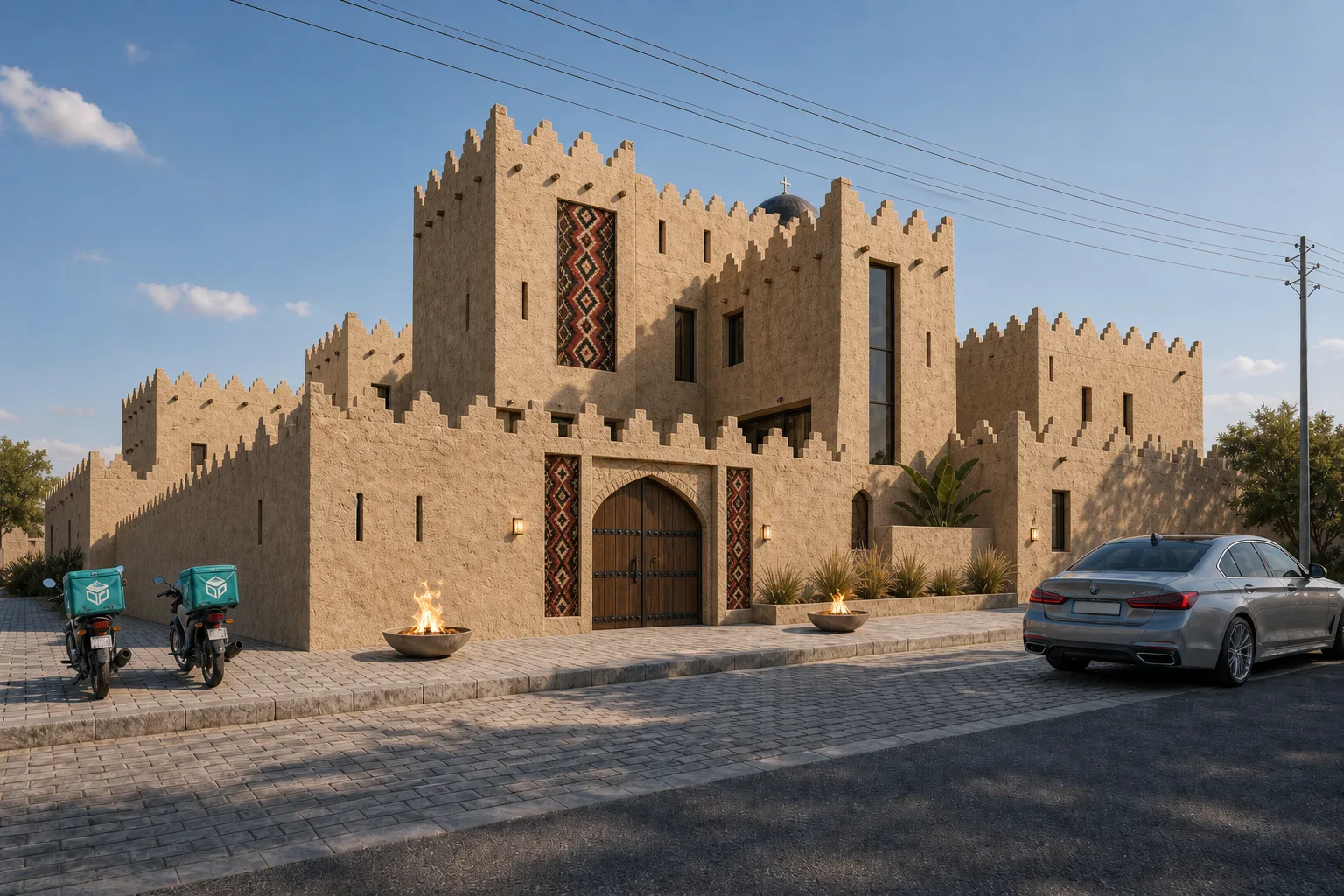 Contemporary Fortified Church Residence with Vernacular Desert Tectonics ΓÇö exterior architectural image showing nature-integrated contemporary, exterior, organic spatial flow.