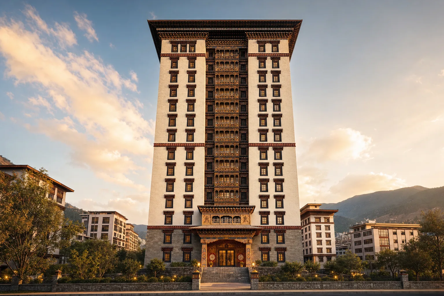 Vertical Dzong-Inspired Tower in Mountain City Fabric ΓÇö exterior architectural image showing nature-integrated contemporary, exterior, organic spatial flow.