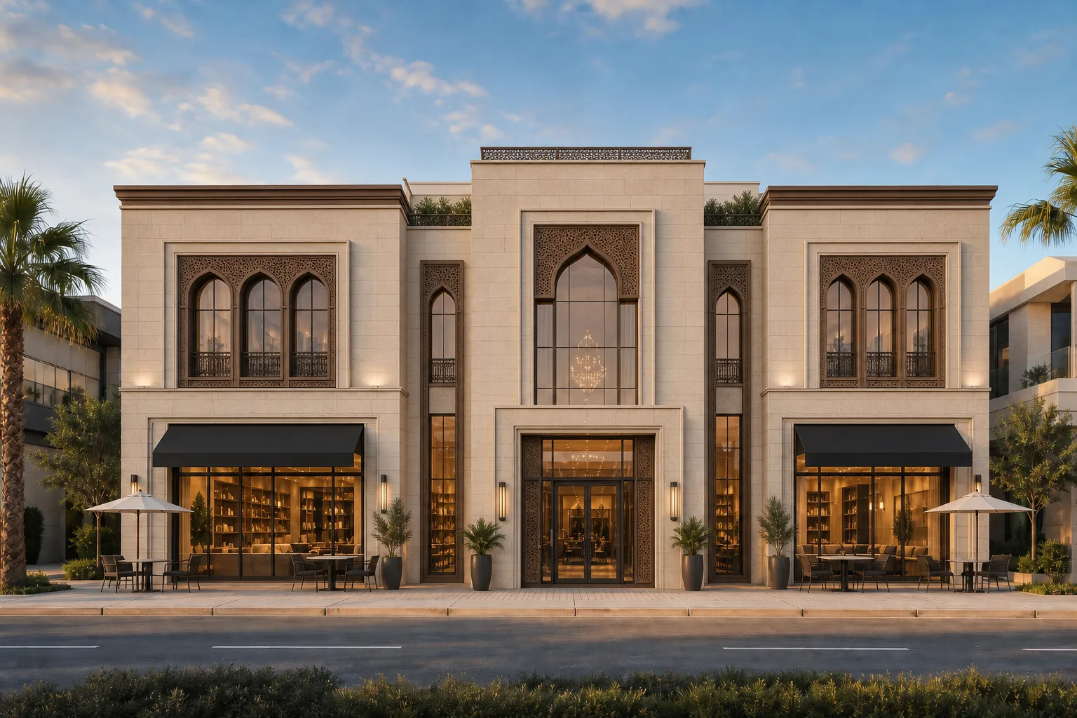 Contemporary Arcaded Façade with Reinterpreted Mashrabiya Motifs ΓÇö exterior architectural image showing contemporary neo-islamic, exterior, arched openings.