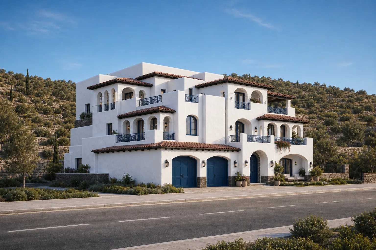 Stepped Mediterranean Villa with Layered Loggias and Hillside Context ΓÇö exterior architectural image showing contemporary neo-islamic, exterior, arched openings.
