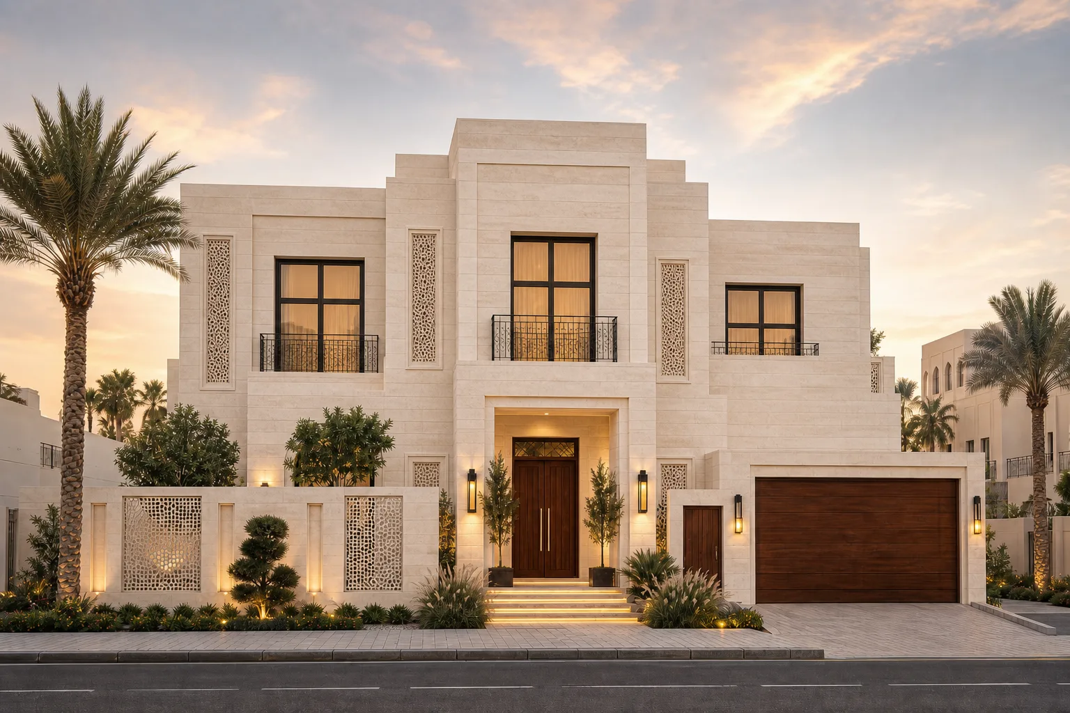 Stratified Courtyard Villa with Contemporary Mashrabiya Facade ΓÇö exterior architectural image showing contemporary neo-islamic, exterior, arched openings.