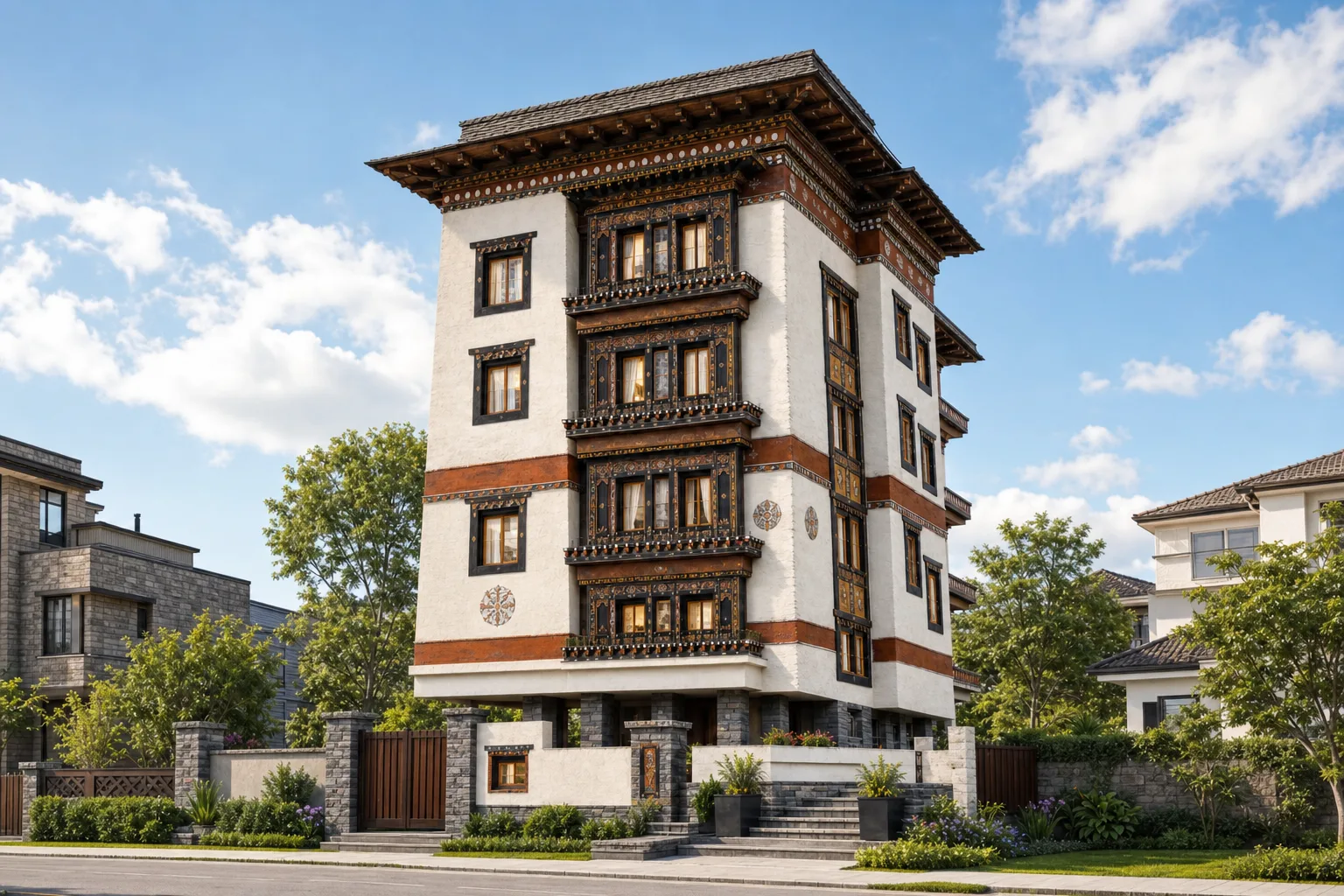 Urban Courtyard Tower with Bhutanese-Inspired Tectonic Expression ΓÇö exterior architectural image showing mediterranean contemporary, exterior, terraced facade rhythm.